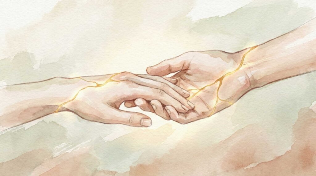 Watercolor illustration of two hands softly touching with a golden glow between them, symbolizing shared growth and interbeing.