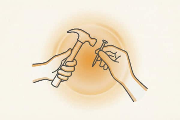 Minimalist illustration of two hands paused together with a warm glow, representing care instead of blame.