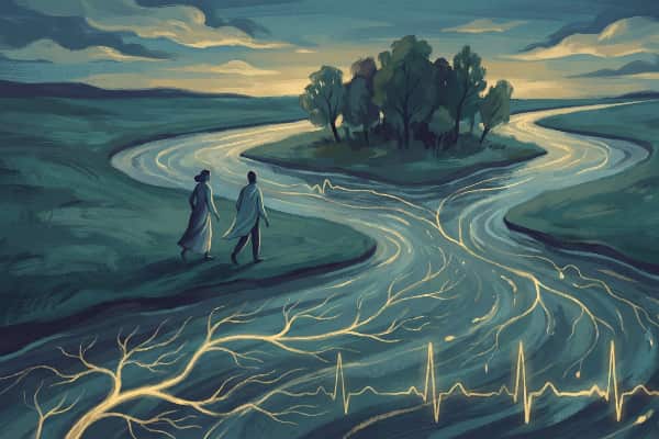 Illustration of a river splitting and rejoining, symbolizing emotional interconnection and shared relational flow.