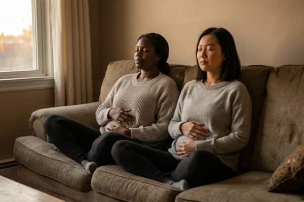 Photorealistic diverse couples practicing breathing during conflict