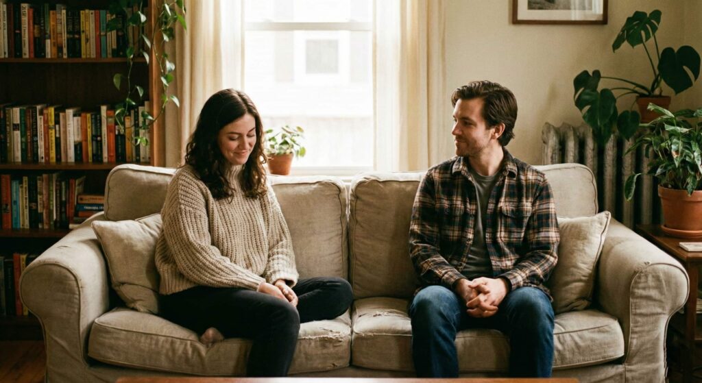 Couple sitting on a couch focusing on breathing exercises for anxiety relief.