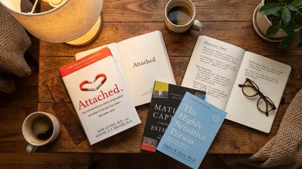Overhead view of psychology books, notebook, and coffee on a wooden table with warm lighting