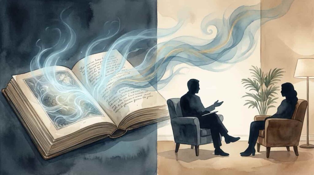 Artistic split image showing a book on one side and therapy conversation on the other