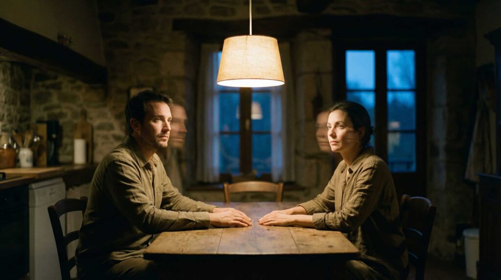 Couple sitting at a table unpresent