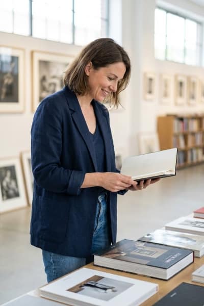 Woman perusing books in a museum