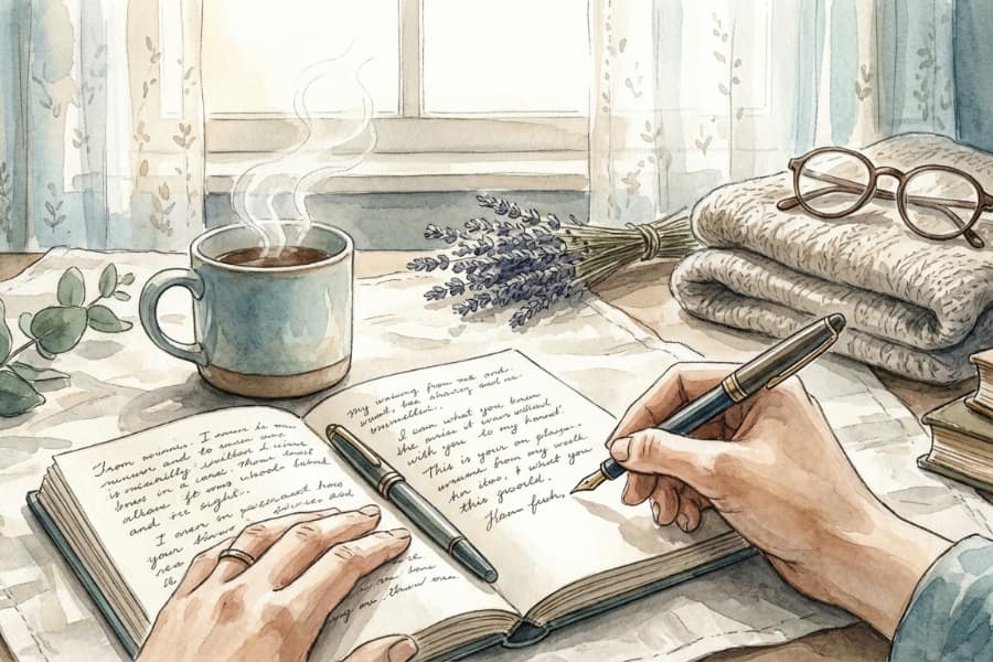 Watercolor image of a woman journaling