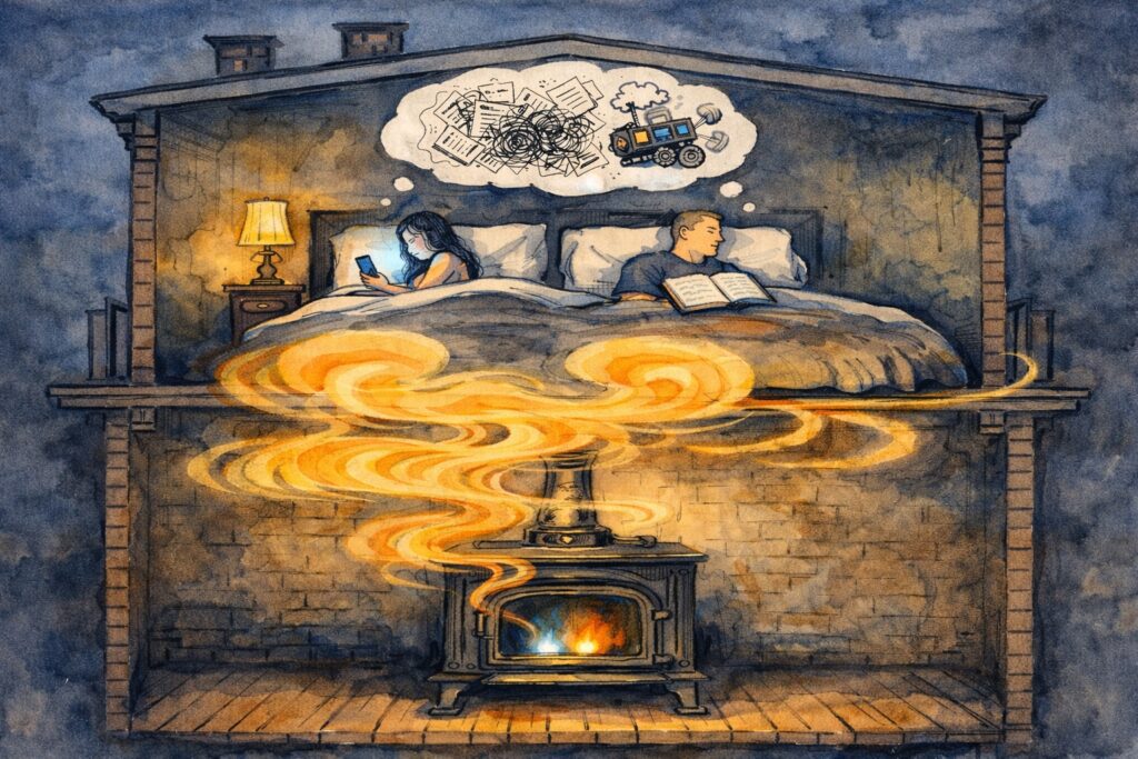 A tired couple sleeps in bed, with a hidden heat simmering within their home