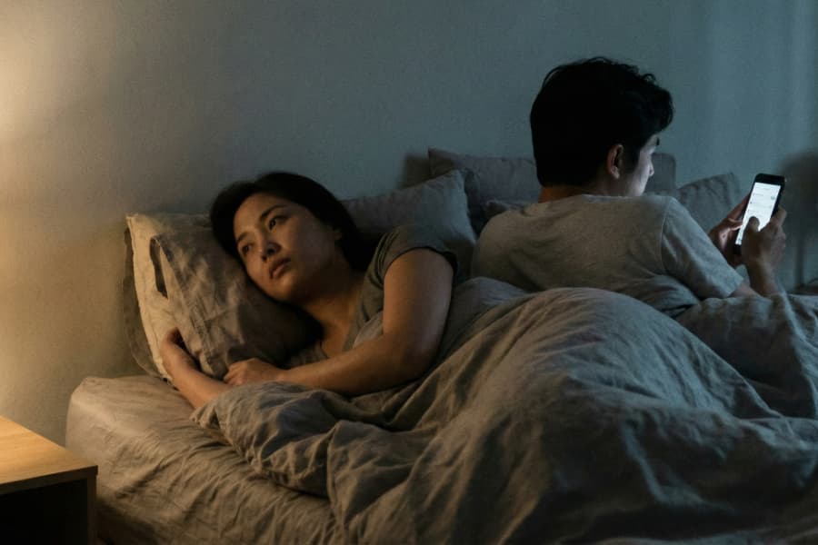 Couple lying in bed, tired