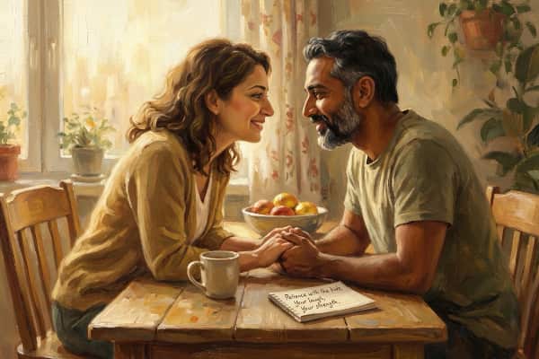 A warm, impressionist-style painting of a diverse couple at a kitchen table sharing a moment of appreciation.