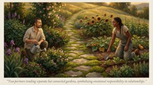 Two partners tending separate but connected gardens, symbolizing emotional responsibility in relationships