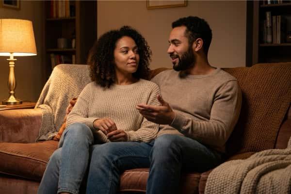 A couple practicing uninterrupted deep listening in a calm home setting